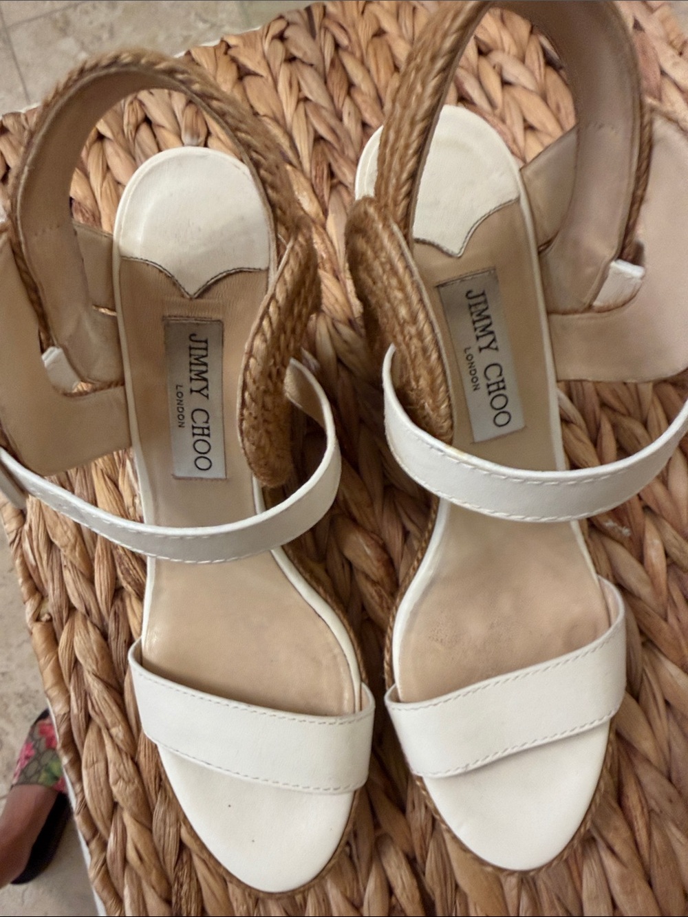 Jimmy Choo Wedge Espadrille Sandals in White and Tan - Picture 2 of 5
